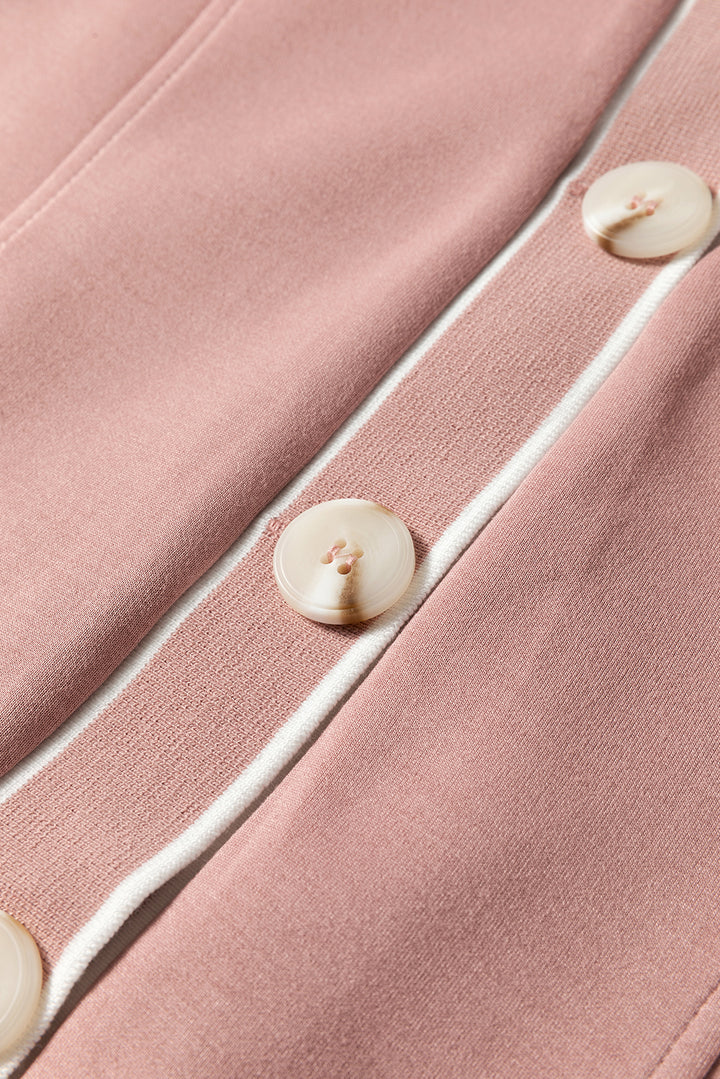 Pink Stripe Contrast Trim Buttoned Front Pocketed Knit Cardigan