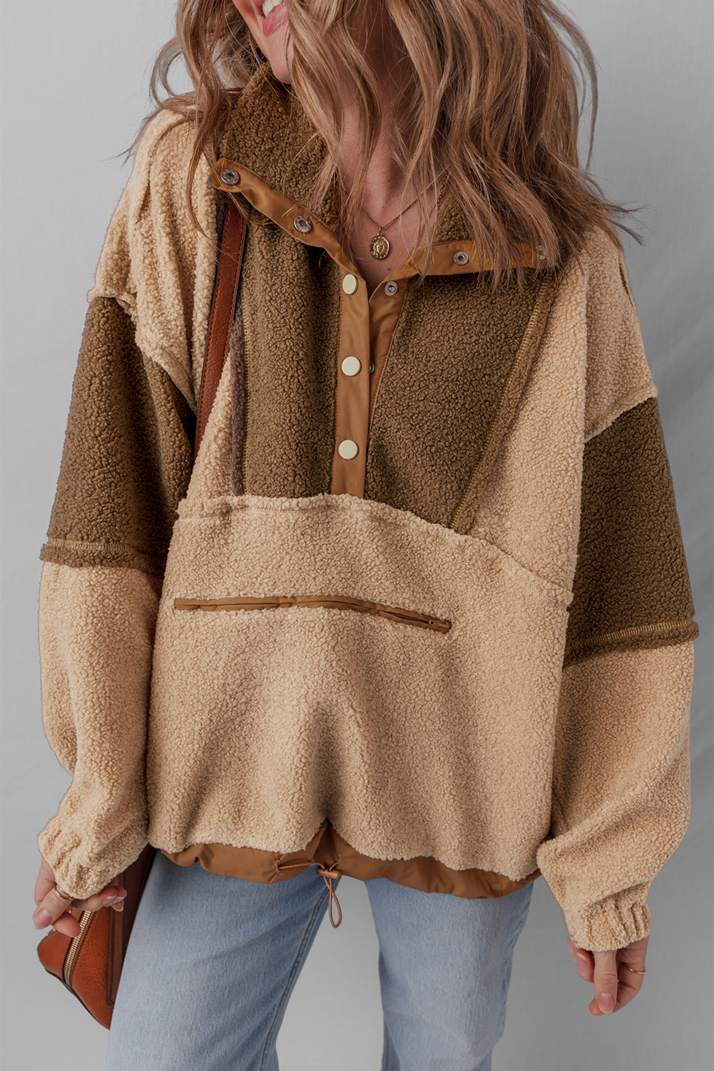 2-tone Color Block Patchwork Half Button Sherpa Sweatshirt