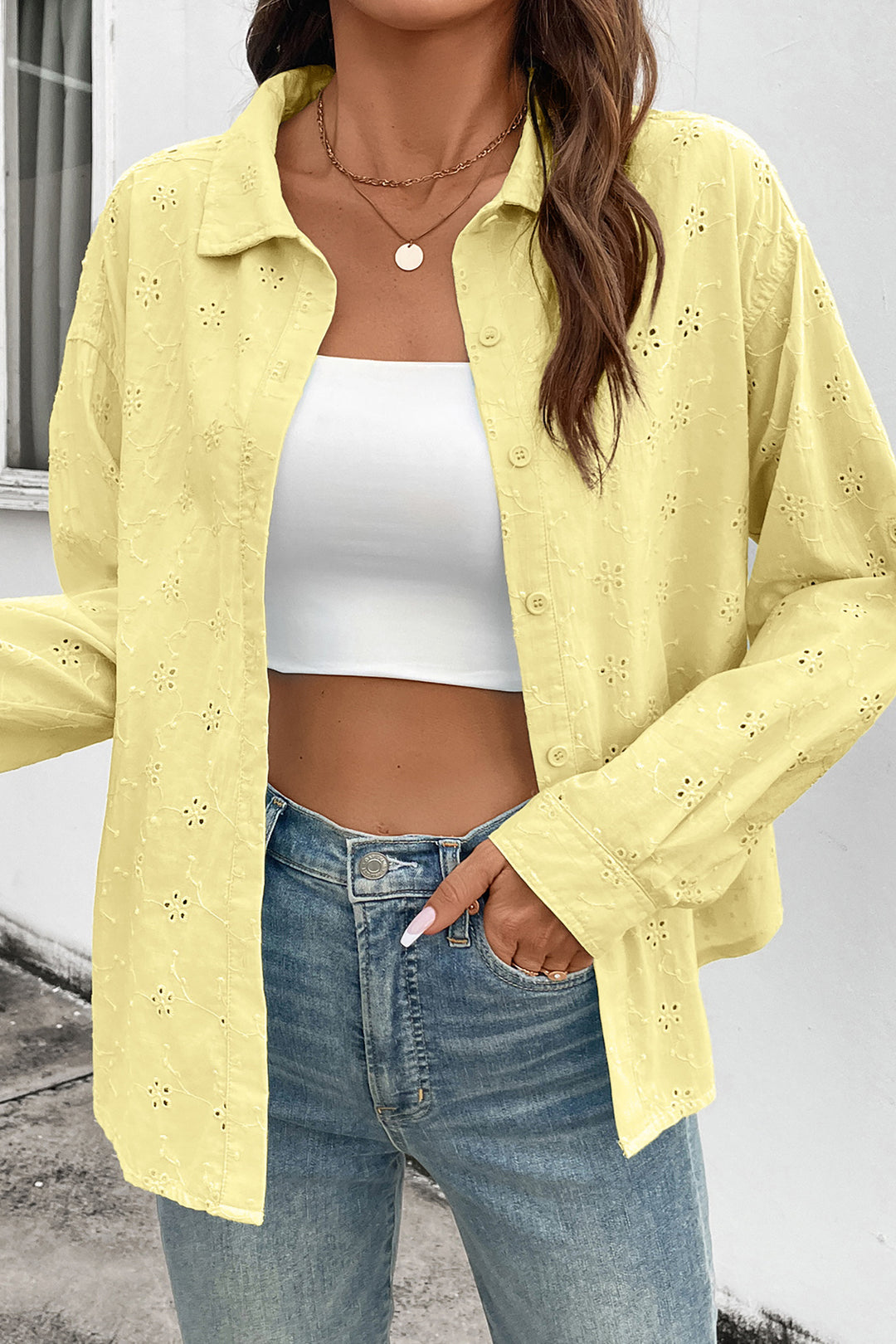 Yellow Cream Solid Eyelet Flower Pattern Button Down Loose Shirt