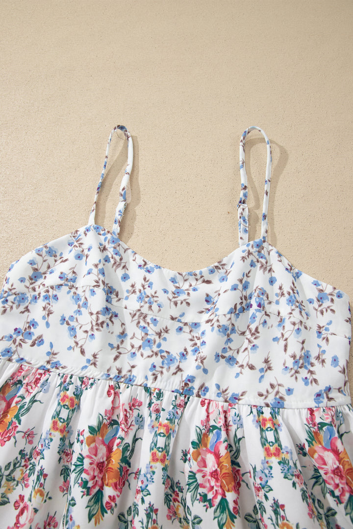White Contrast Floral Printed Spaghetti Straps Babydoll Top