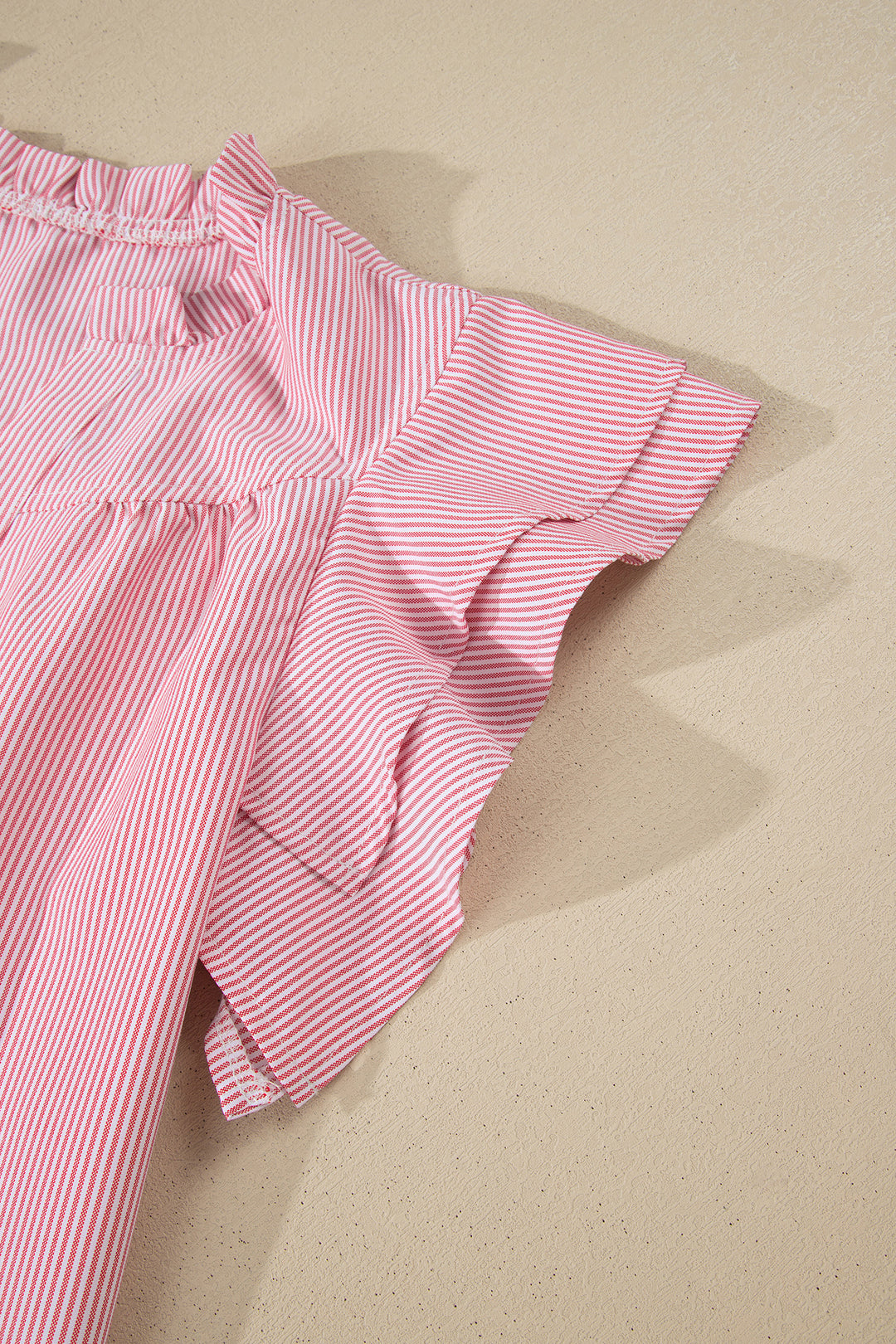 Red Stripe Frilly Split Neck Double Ruffled Short Sleeve Blouse