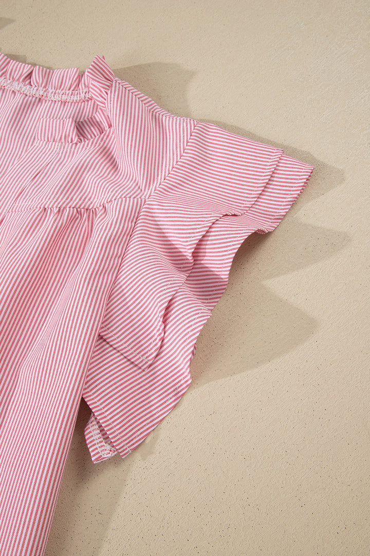 Red Stripe Frilly Split Neck Double Ruffled Short Sleeve Blouse