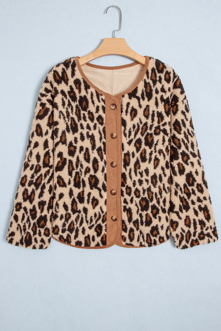 Khaki Leopard Plush Corduroy Trim Long Sleeve Jacket