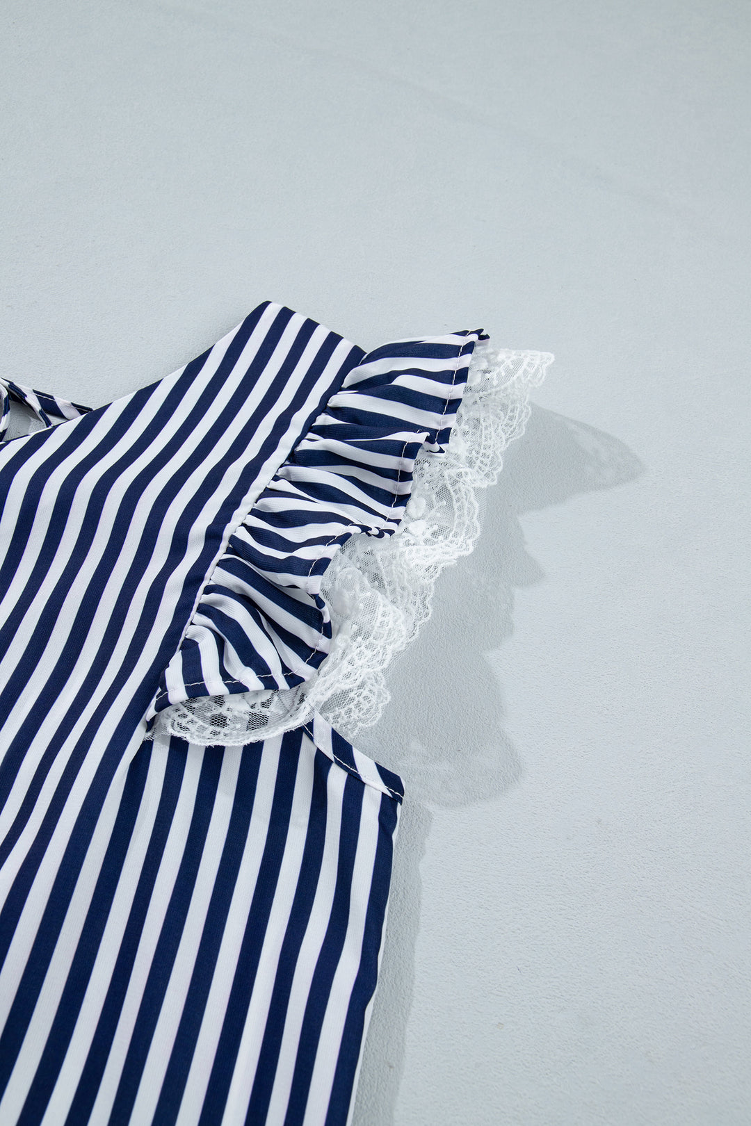 Blue Stripe V Neck Lace Contrast Ruffle Trim Tank Top
