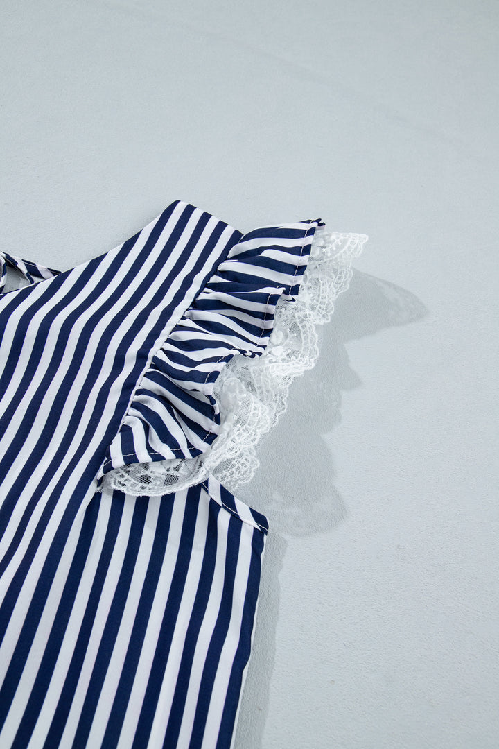 Blue Stripe V Neck Lace Contrast Ruffle Trim Tank Top
