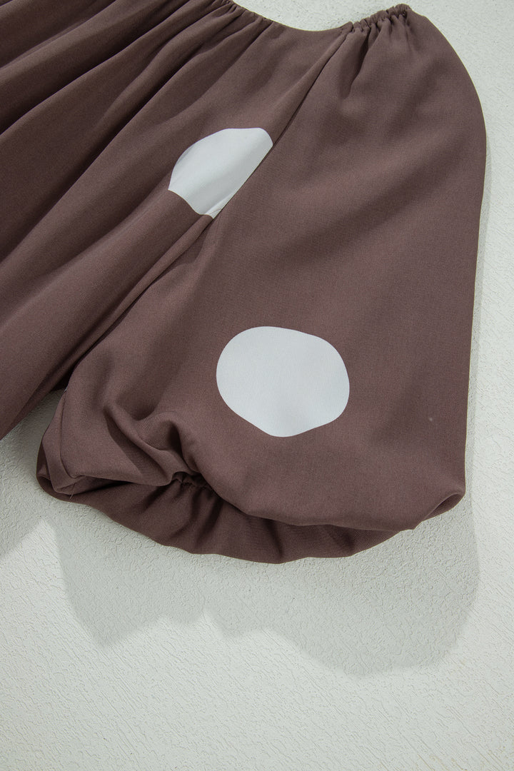 Brown Polka Dot Print Knot Back Short Puff Sleeve Loose Mini Dress