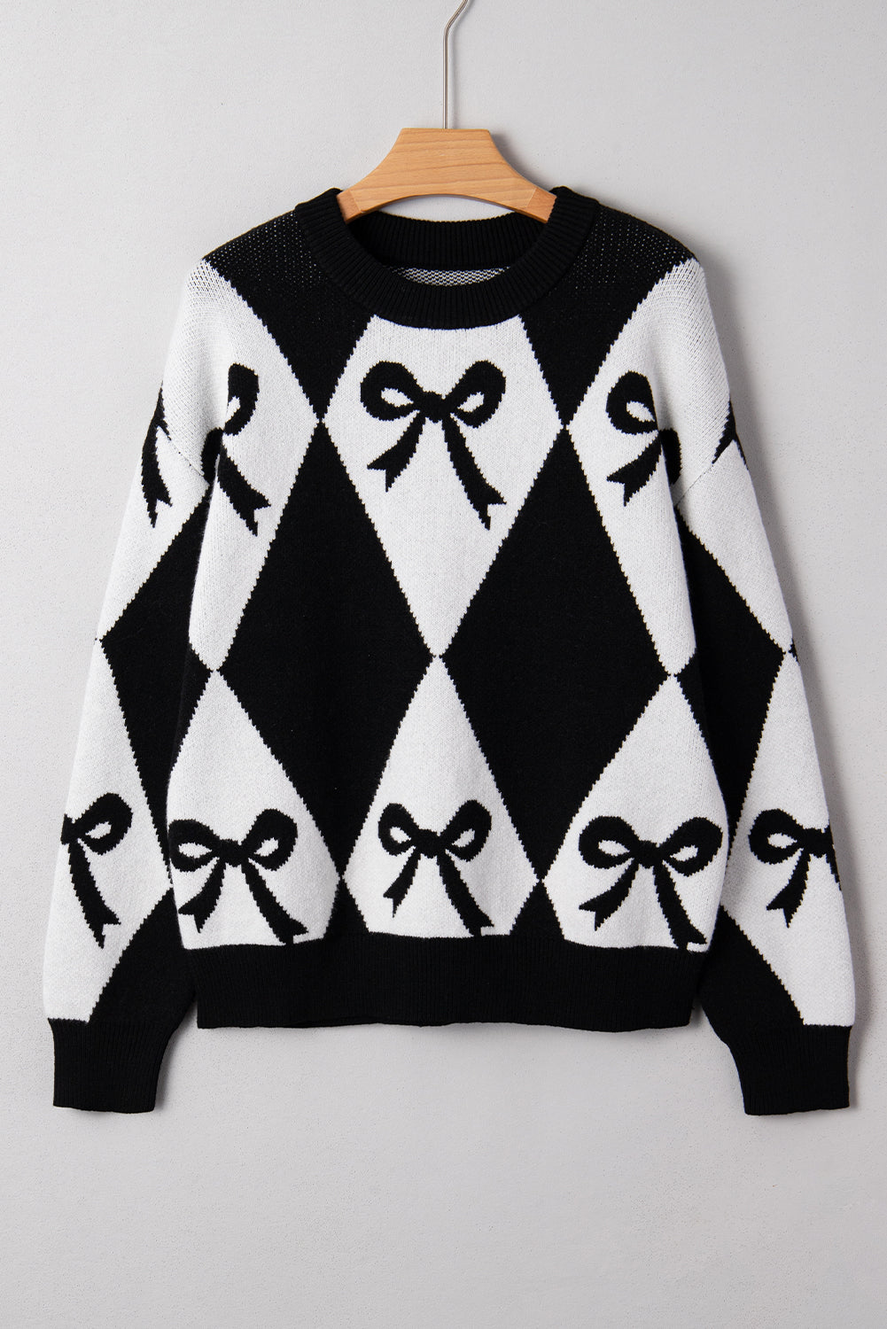 Bow Print 2-tone Rhombus Knit Loose Sweater