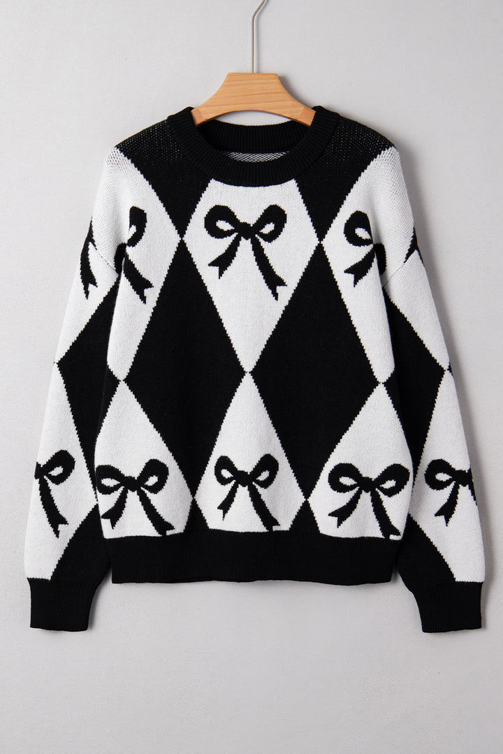 Bow Print 2-tone Rhombus Knit Loose Sweater