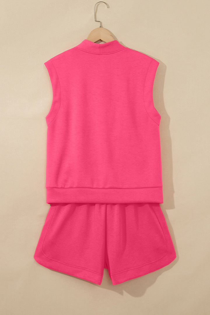 Fiery Red Quarter Zip Sleeveless Top Drawstring Shorts Casual 2pcs Outfit