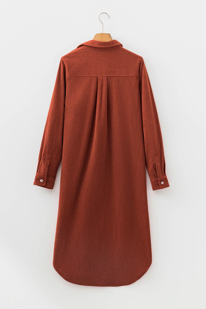 Clay Long Sleeve Button Down Corduroy Midi Length One Piece Dress