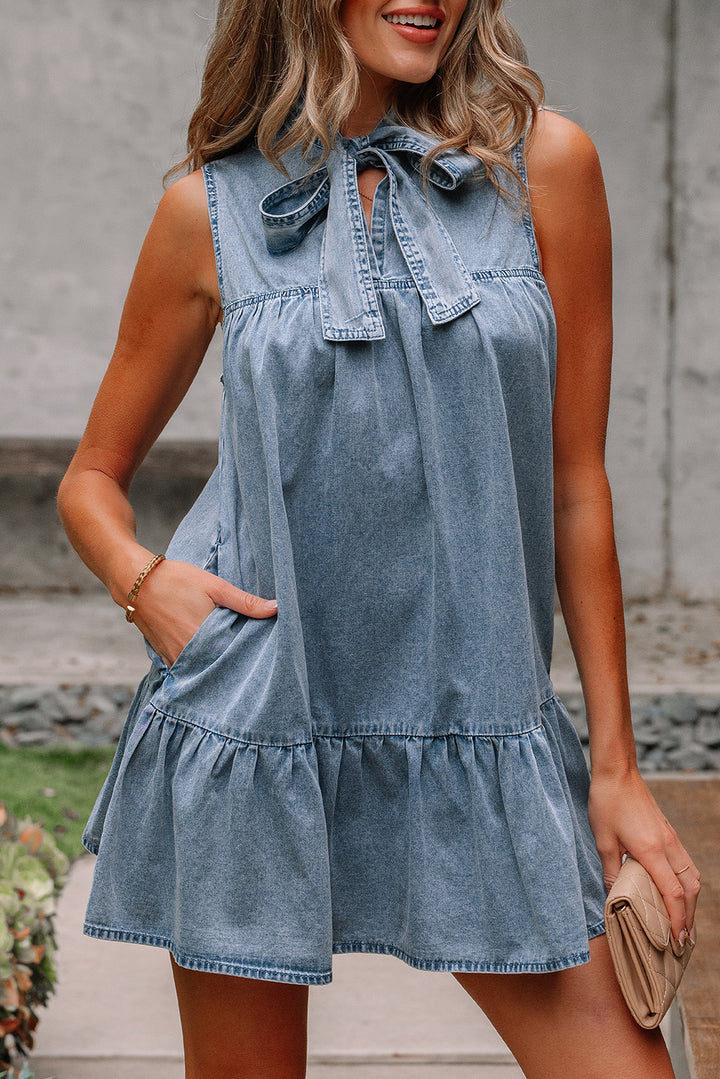 Bowknot Neck Sleeveless Ruffled Chambray Dress