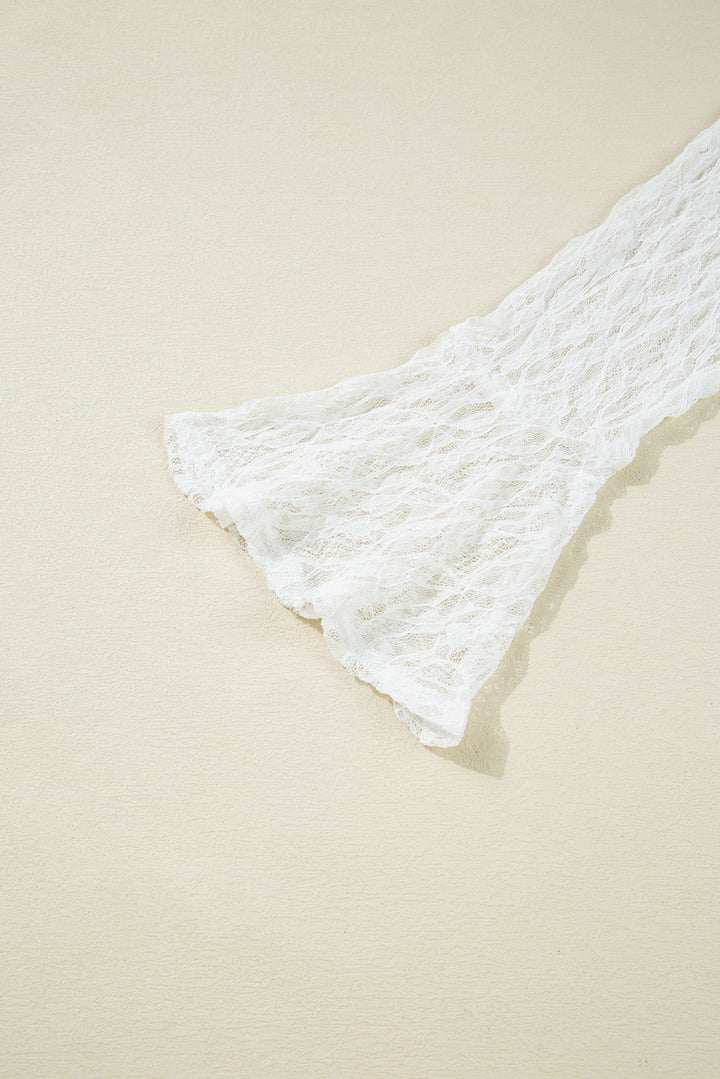 Sheer Lace Bell Sleeve Mock Neck Blouse