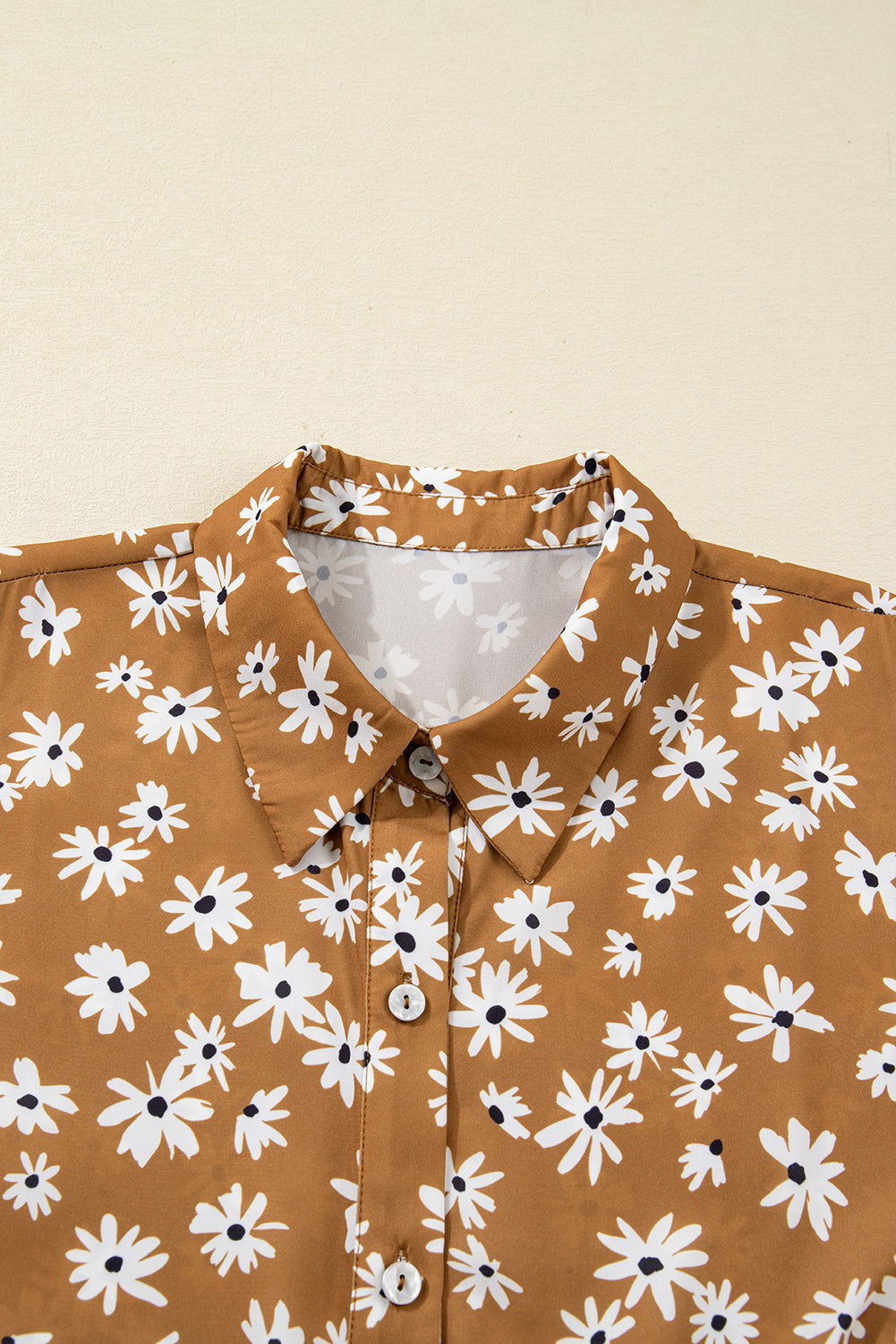 Khaki Daisy Floral Print Button Split Neck Puff Sleeve  Plus Size Dress