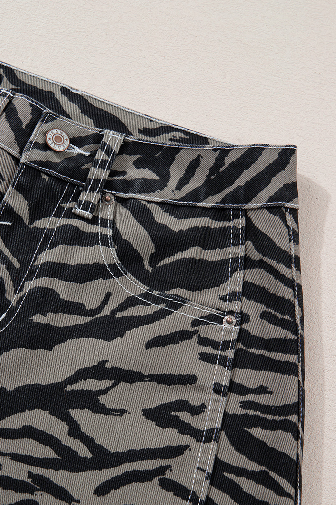Gray Zebra Stripe Printed Wide Leg Barrel Jeans