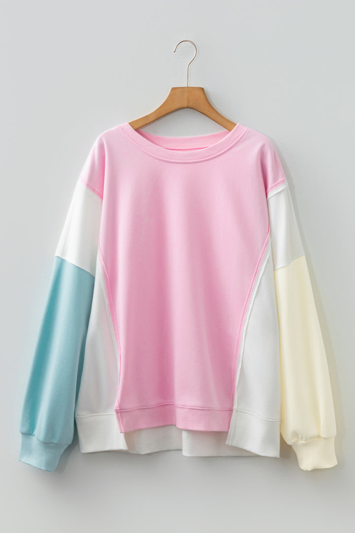 Pink Colorblock Patchwork Drop Shoulder Plus Size Sweatshirt