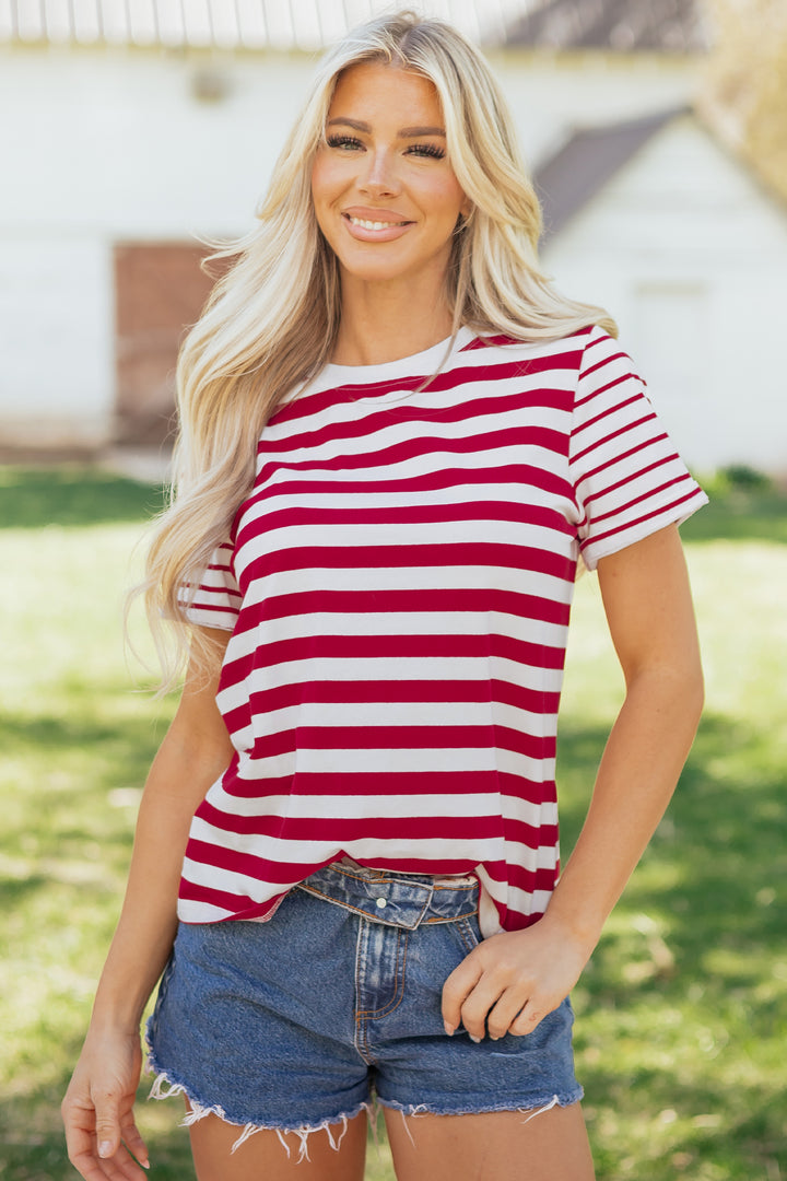 Red Stripe Patchwork Round Neck Short Sleeve T Shirt