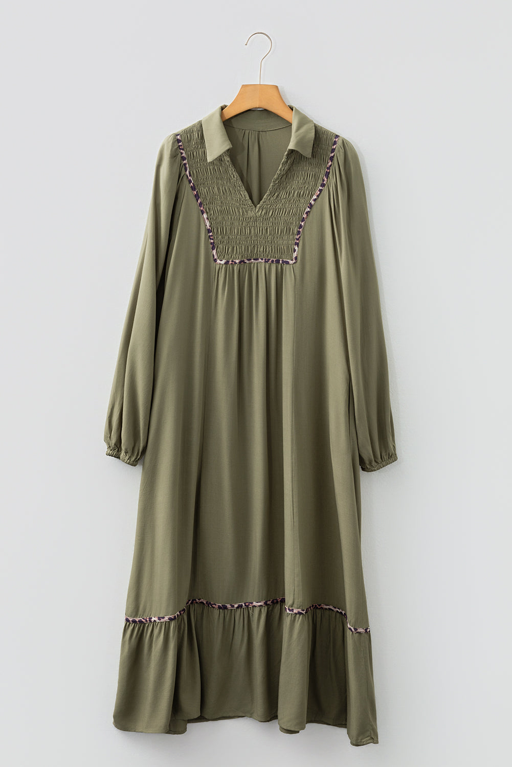 Four Leaf Clover Smocked Detail Contrast Leopard Trim Long Dress