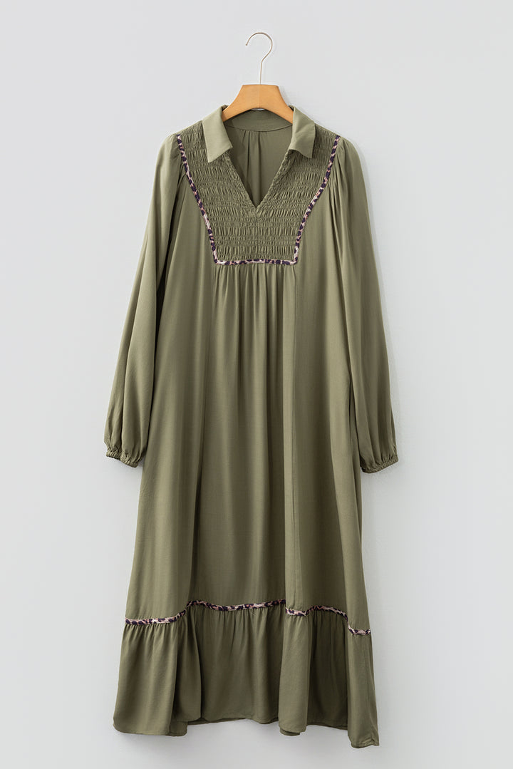 Four Leaf Clover Smocked Detail Contrast Leopard Trim Long Dress