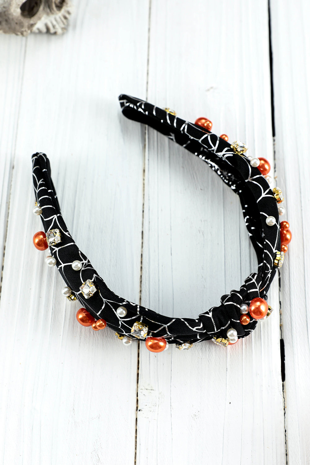 Pearled Rhinestone Knotted Spiderweb Halloween Headband