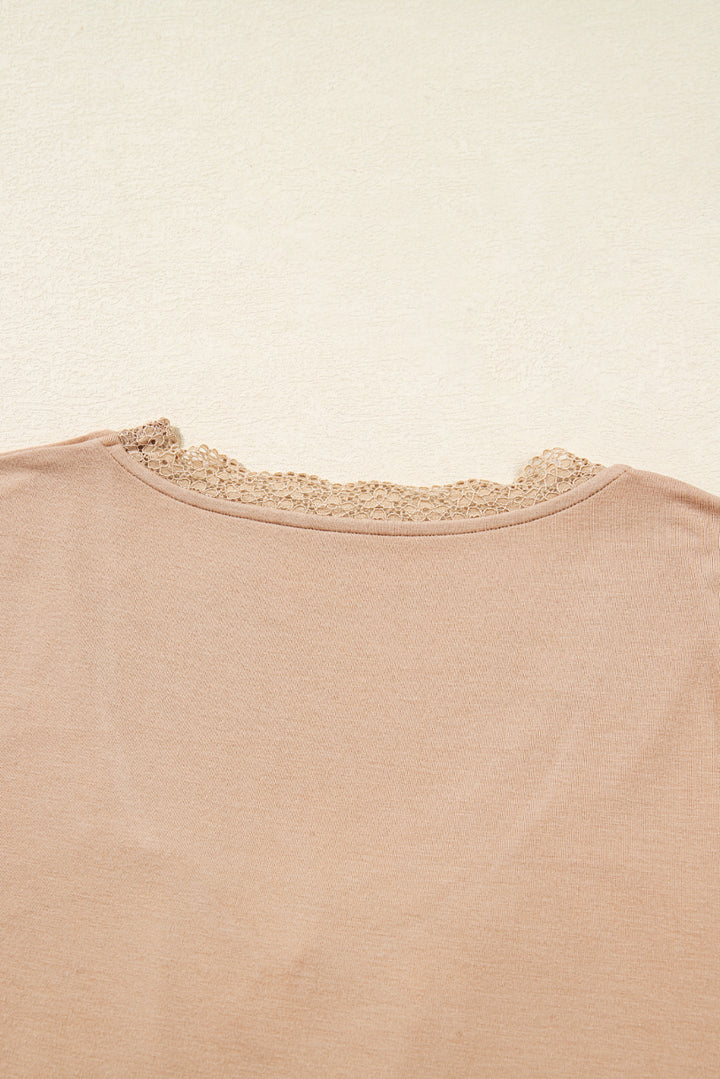 Lace-trimmed Sweetheart Neckline Ruched Detail Long Sleeve T-shirt