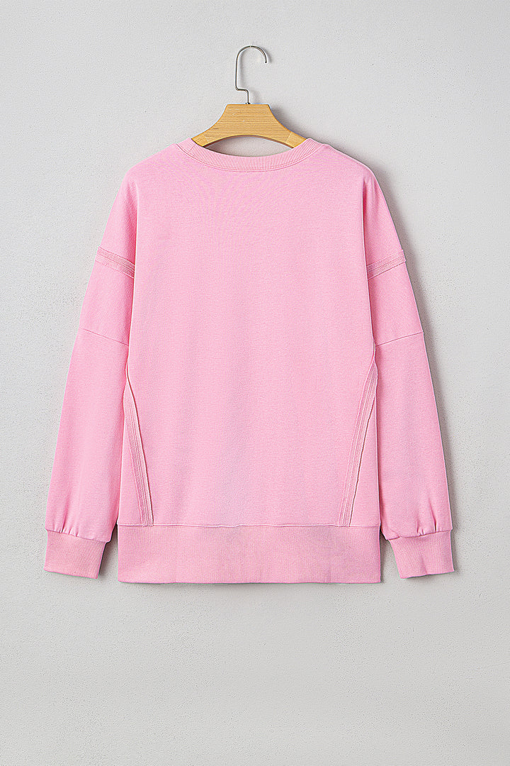 Bow Sequin XOXO Letter Graphic Exposed Seam Baggy Sweatshirt