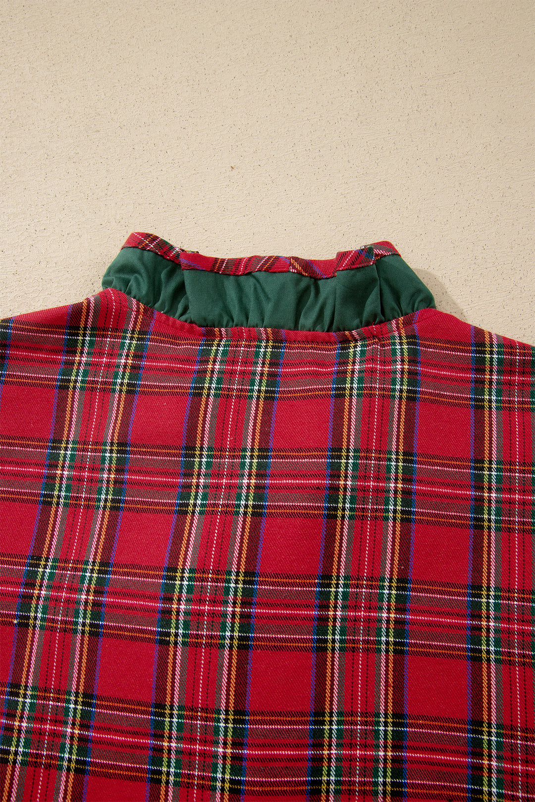 Red Plaid V Neck Ruffle Color Block Trim Short Sleeve Shirt