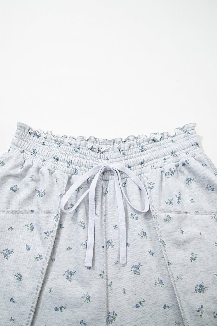 Gray Floral Print Elastic Waist Regular Fit Pants