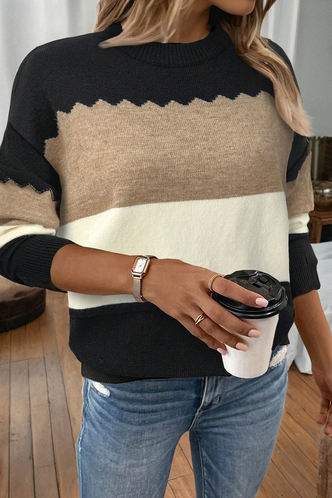Black Colorblock Crew Neck Drop Shoulder Sweater