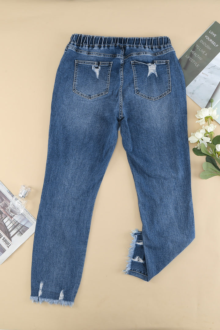 Dark Blue Elastic Waist Straight Leg Destroyed Raw Hem Jeans