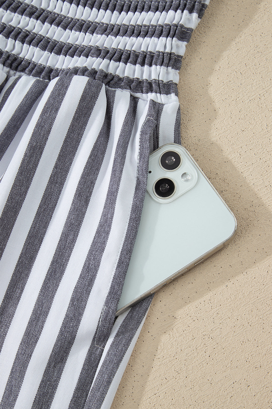 Black Stripe Shirred High Waist Loose Summer Pants