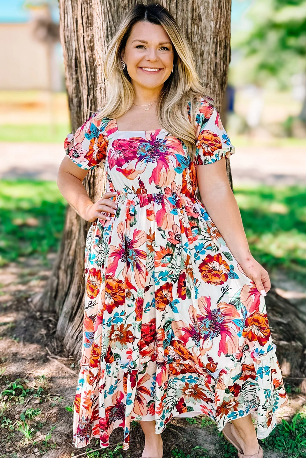 White Floral Square Neck Flowy Plus Size Midi Dress