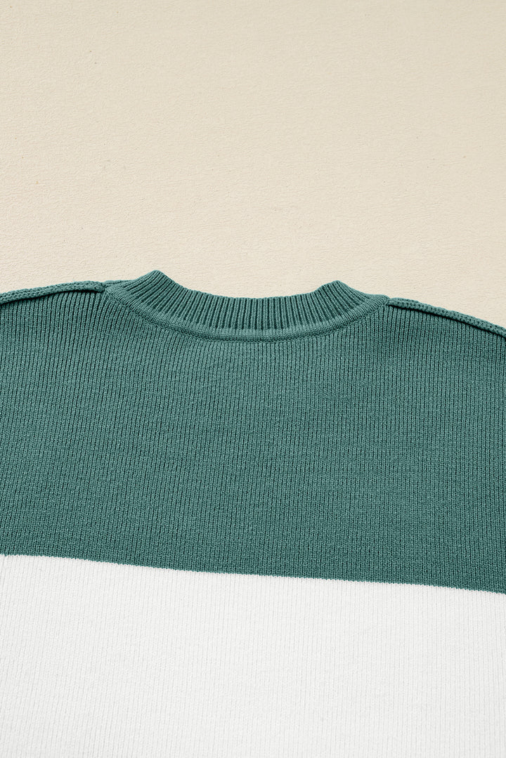 Color Block Plain Ribbed Knit Baggy Sweater
