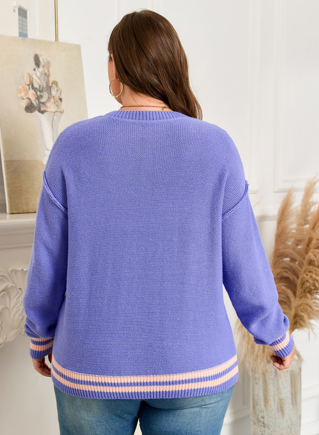 Wisteria Plus Size Striped Trim Drop Shoulder Knit Loose Sweater