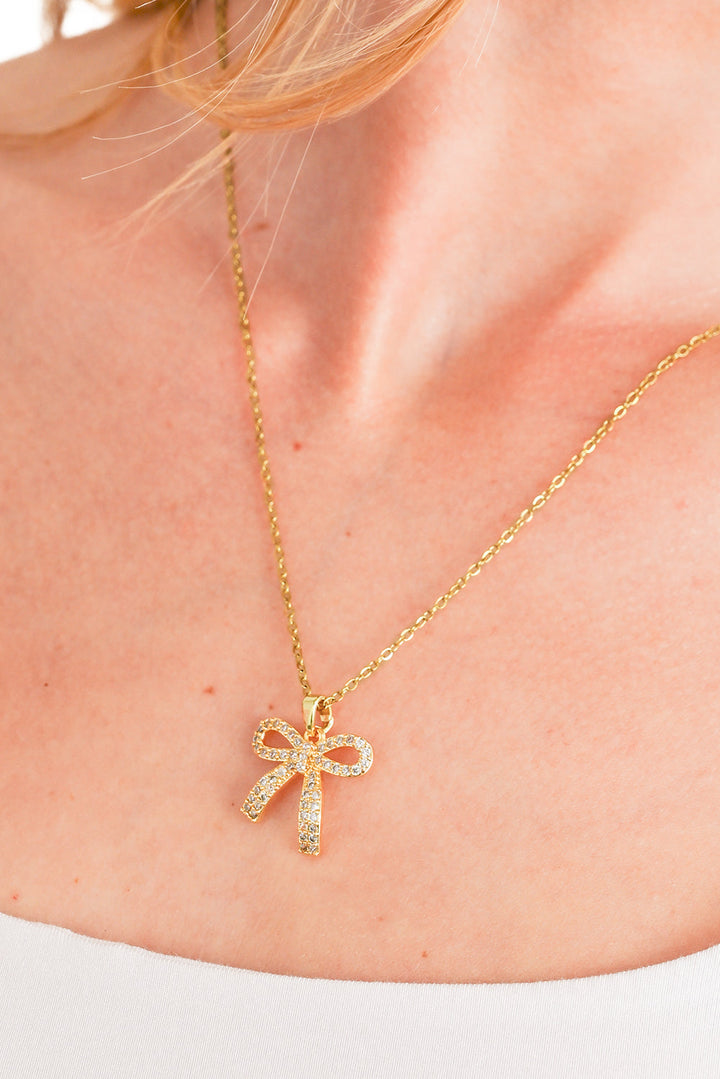 Plated Rhinestone Bowknot Pendant Necklace
