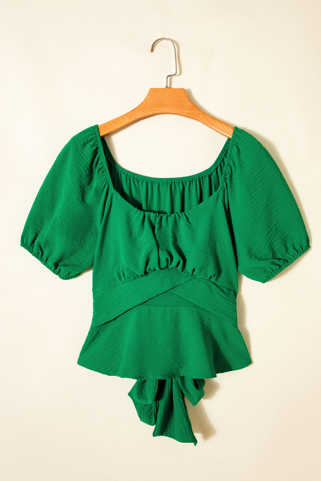 Solid Color Ruched Crossed Waist Tied Back Short Sleeve Peplum Top