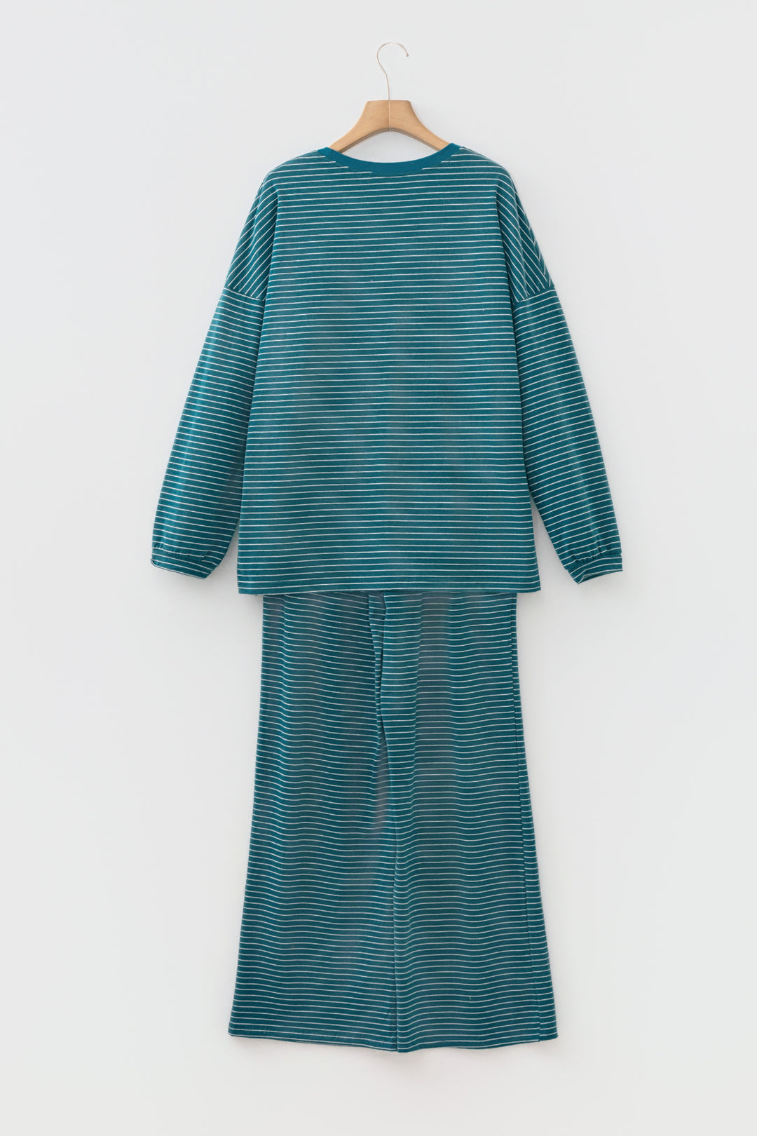 Green Stripe Dropped Shoulder Long Sleeve Top Elastic Waist Pants Casual 2pcs Set
