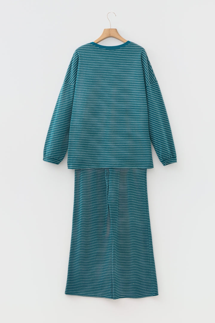 Green Stripe Dropped Shoulder Long Sleeve Top Elastic Waist Pants Casual 2pcs Set
