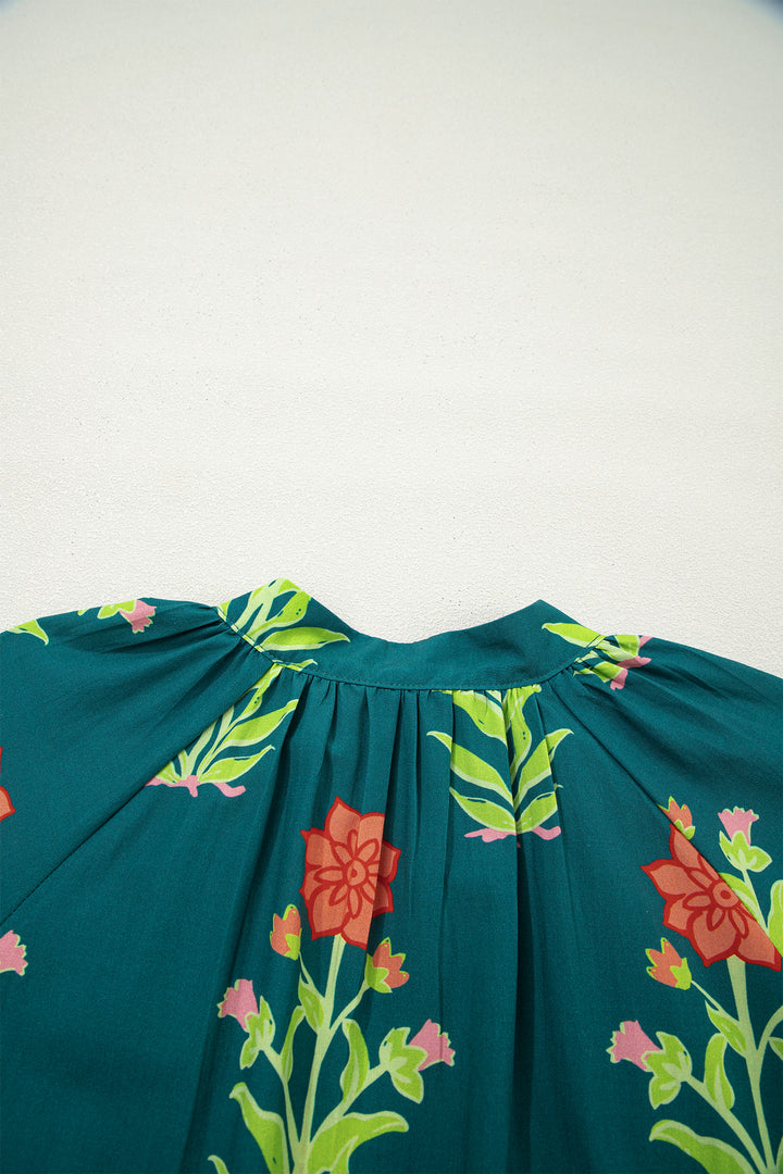 Green Floral Print Contrast Trim Striped Patchwork Short Sleeve Dress