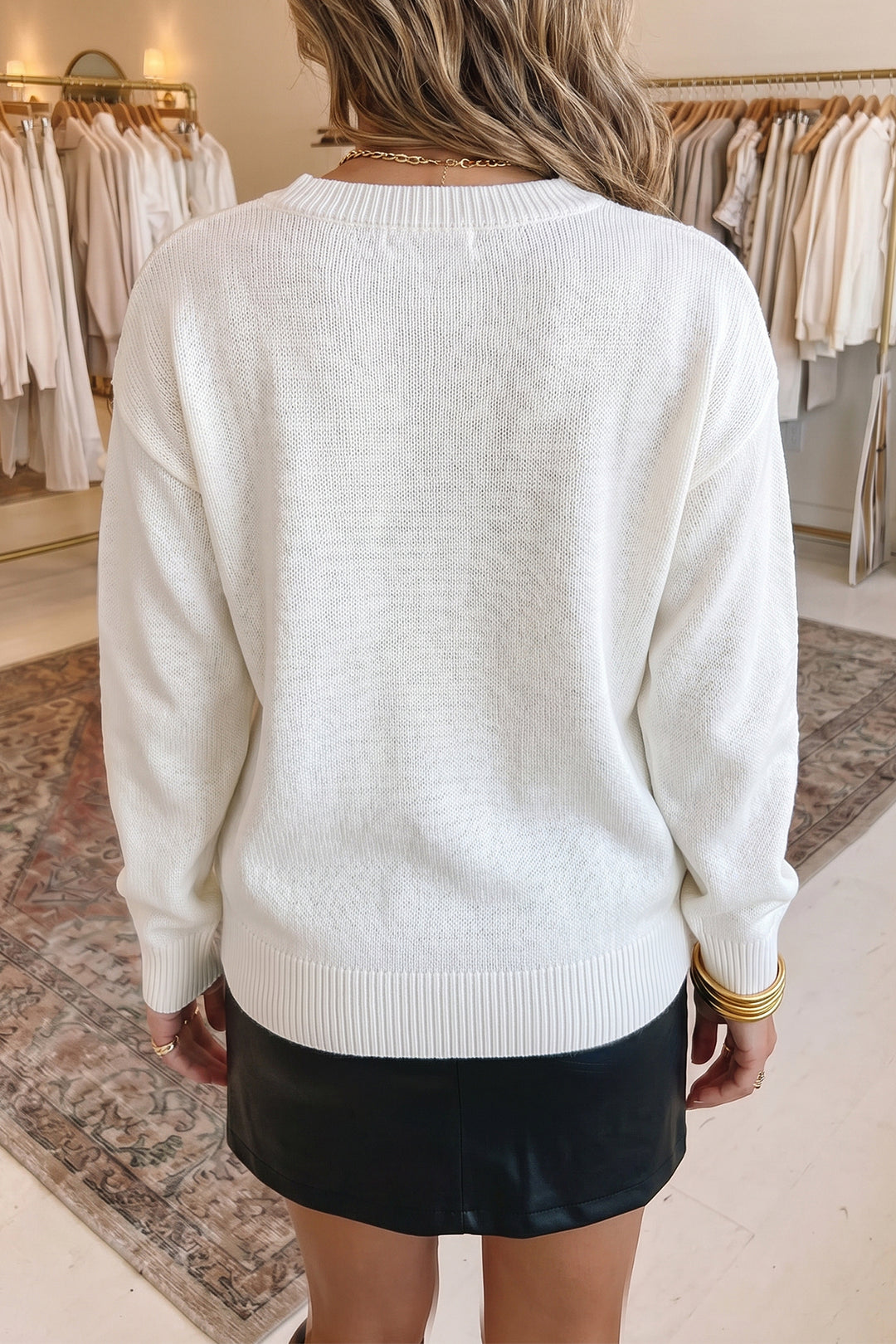 White Wild Mallard Drop Shoulder Round Neck Long Sleeve Pullover Sweater