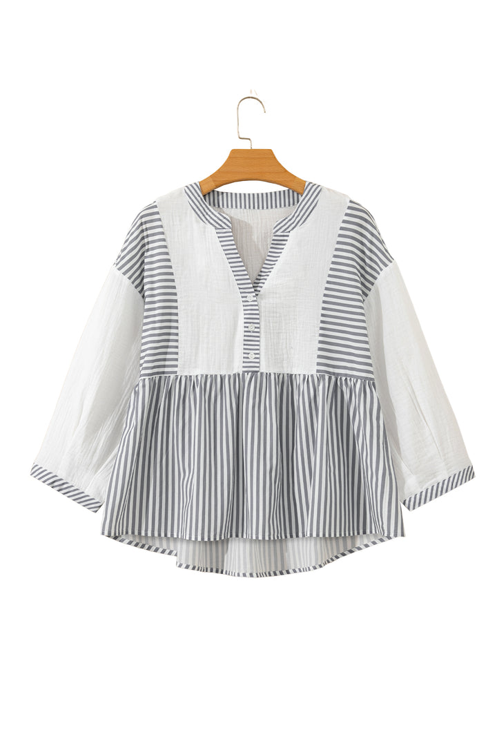 Half Button Gauze Patchwork Bracelet Sleeve Babydoll Blouse