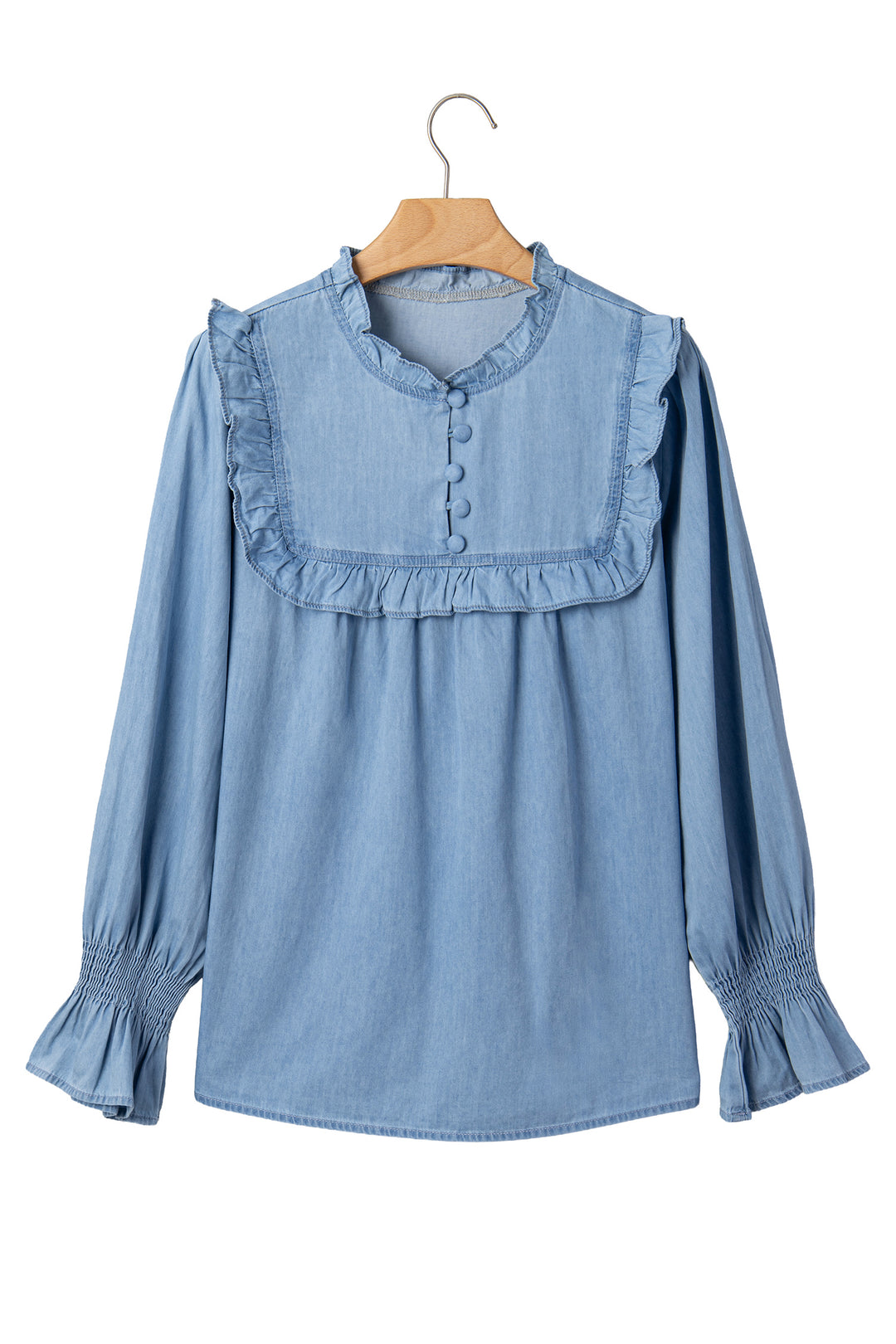 Beau Blue Western Ruffle V Neck Long Sleeve Chambray Blouse