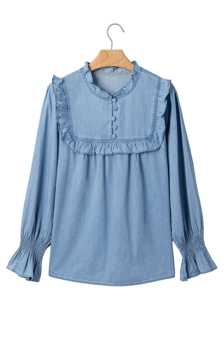 Beau Blue Western Ruffle V Neck Long Sleeve Chambray Blouse
