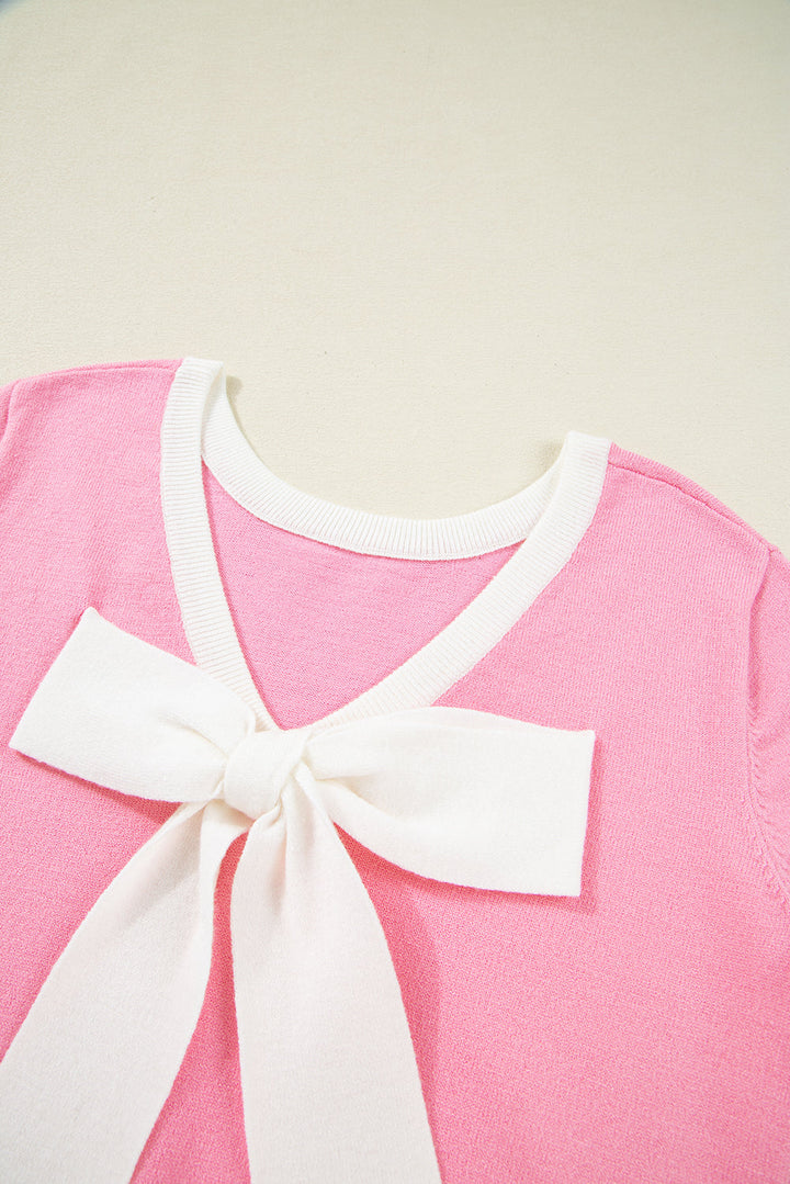 colorblock bow v shape cut back short sleeve sweater