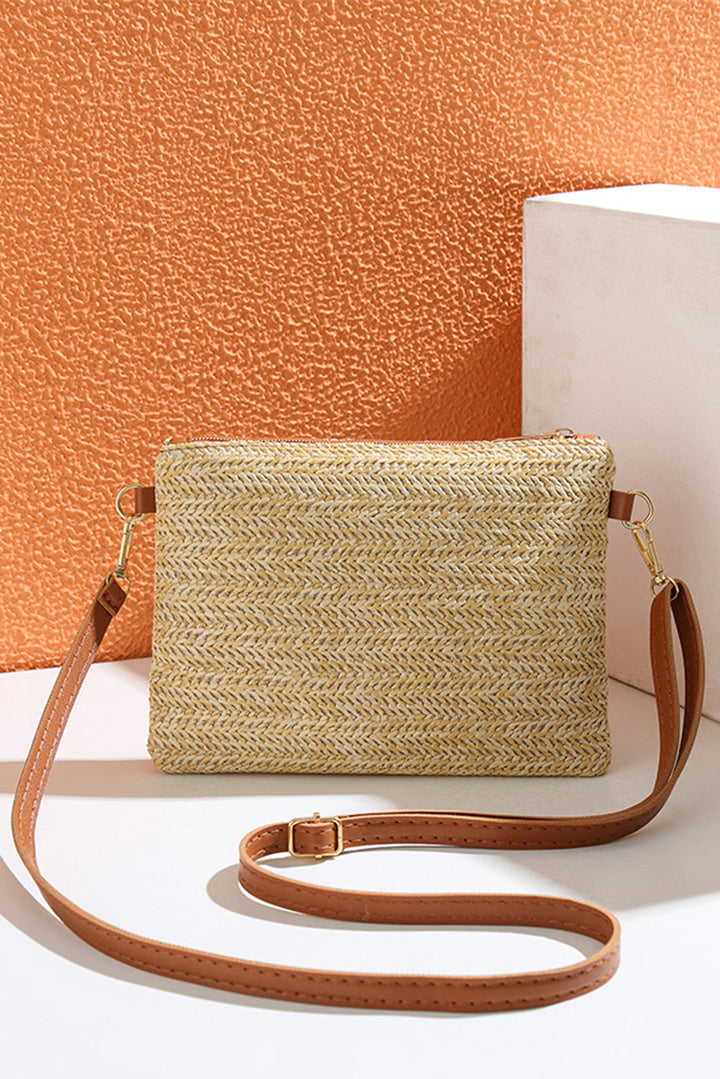 Bow Pearl Decor Straw PU Leather Patched Crossbody Bag