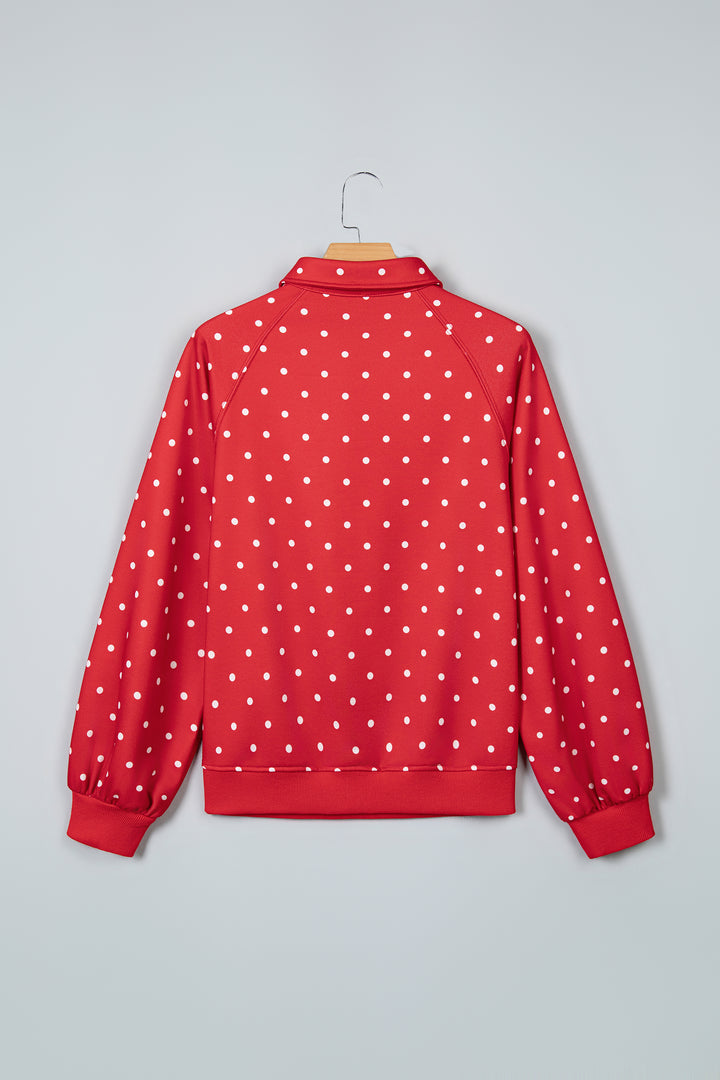 Red Polka Dot Print Metal Button Collar Casual Pullover Sweatshirt