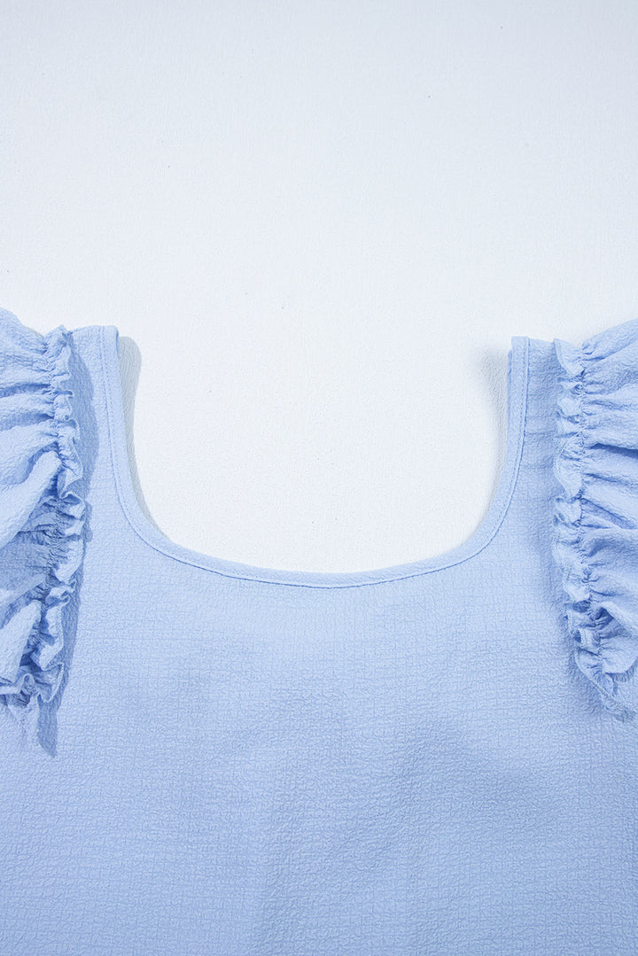 Beau Blue Textured Bow Knot Frilled Butterfly Sleeve Blouse