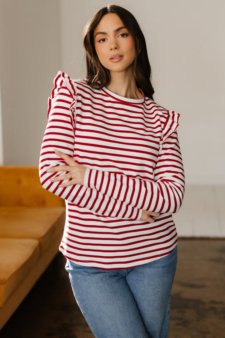 Round Neck Ruffle Trim Long Sleeve Top