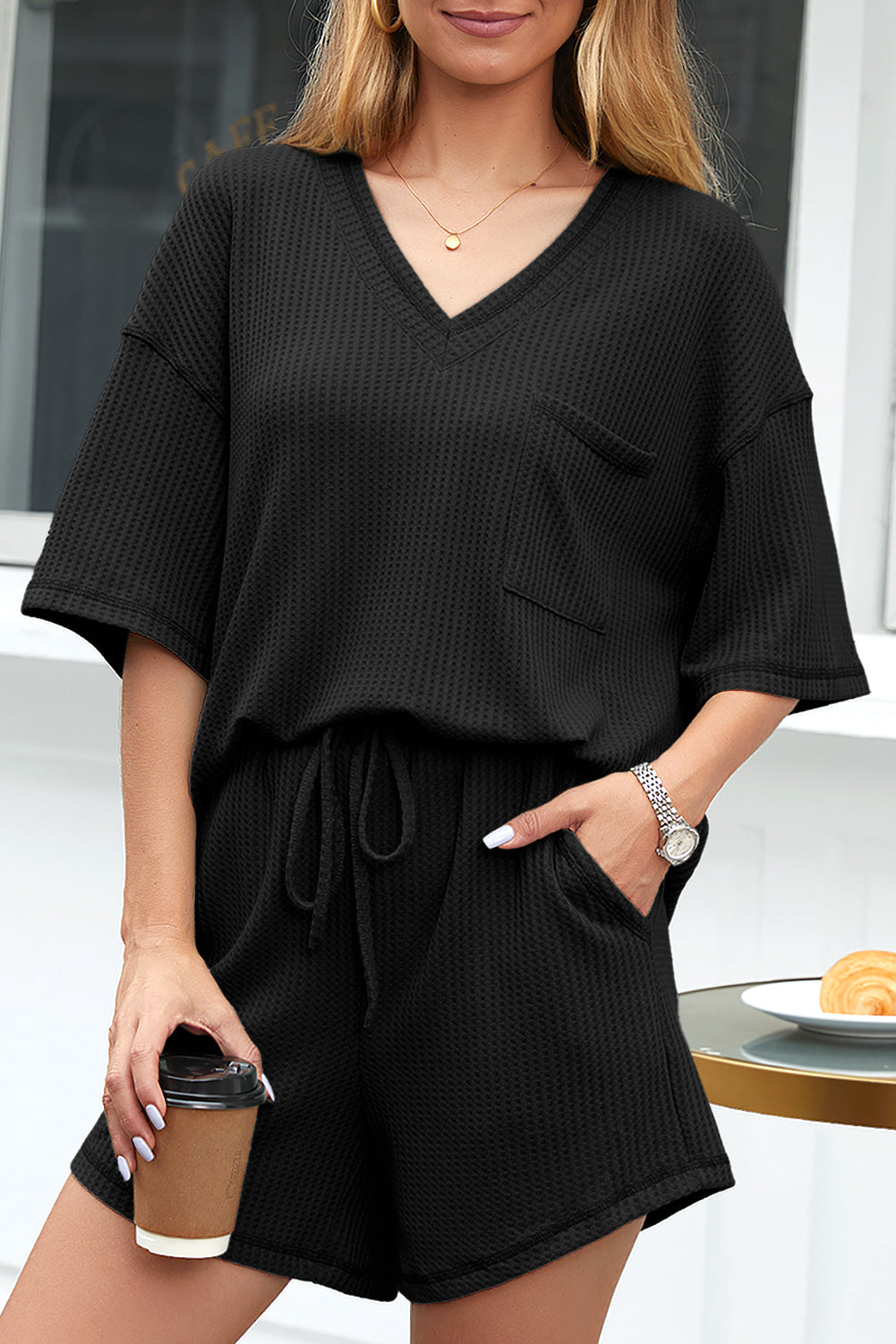 Black Solid Color Waffled V Neck Loose Tee Drawstring Shorts Set