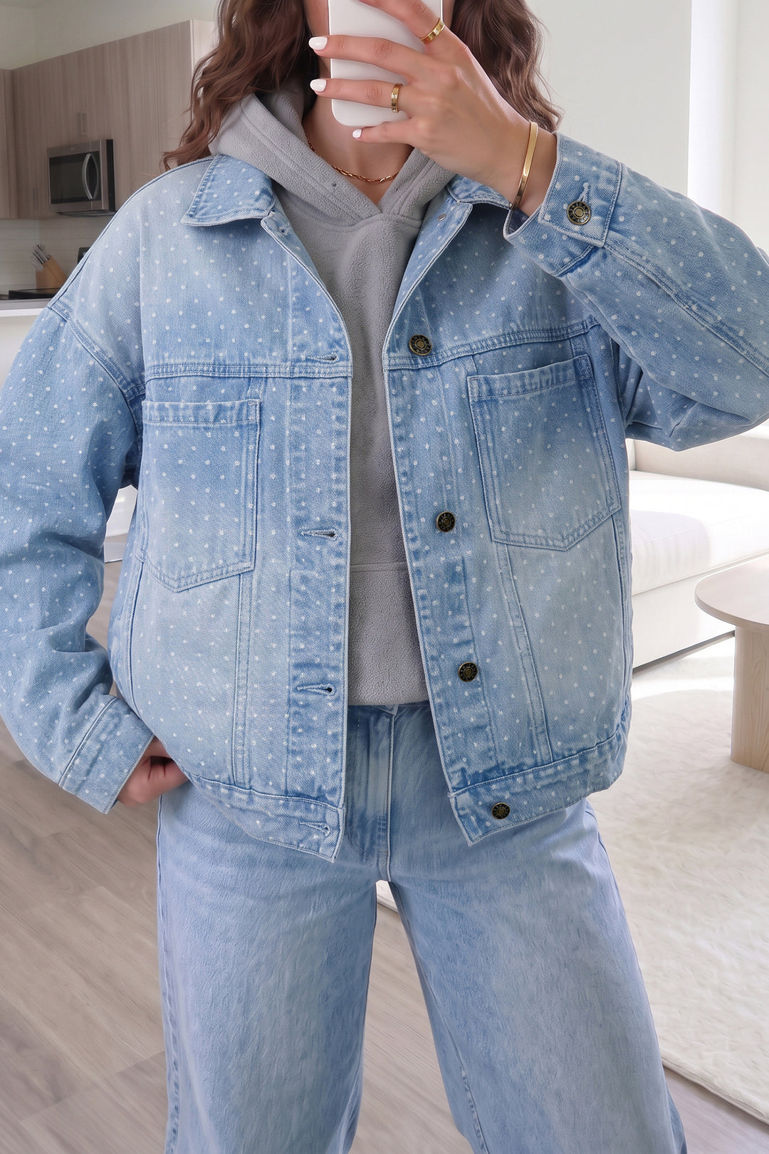 Sky Blue Polka Dot Collar Pocket Casual Shift Silhouette Denim Jacket