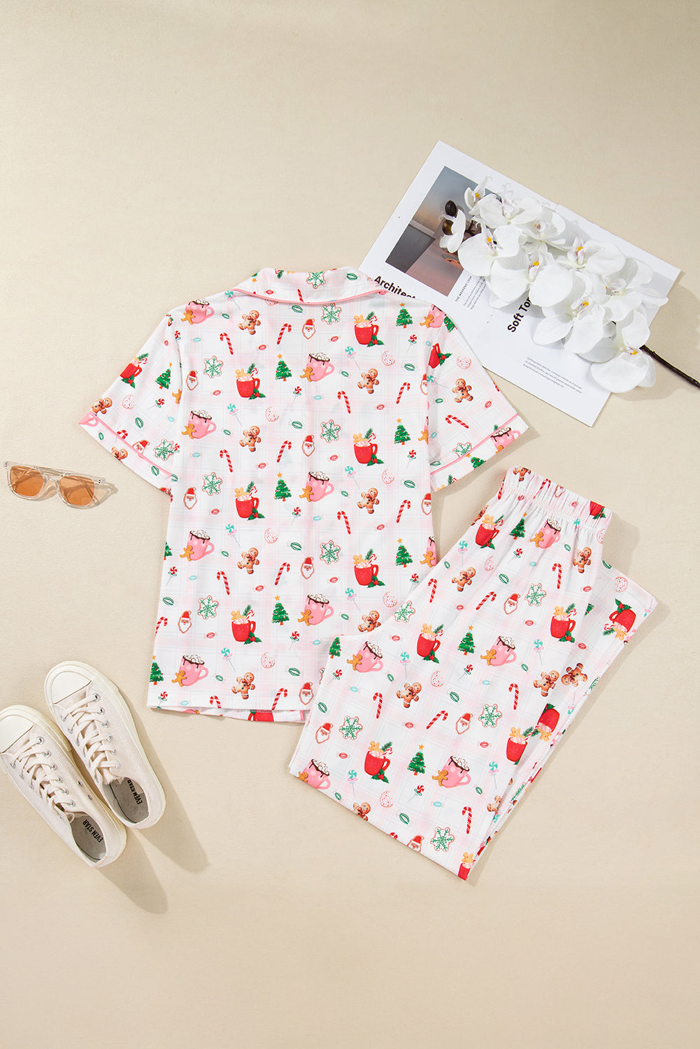 Pink Christmas Spirit Cute Holiday Print Short Sleeve Shirt and Pants 2pcs Pajama Set
